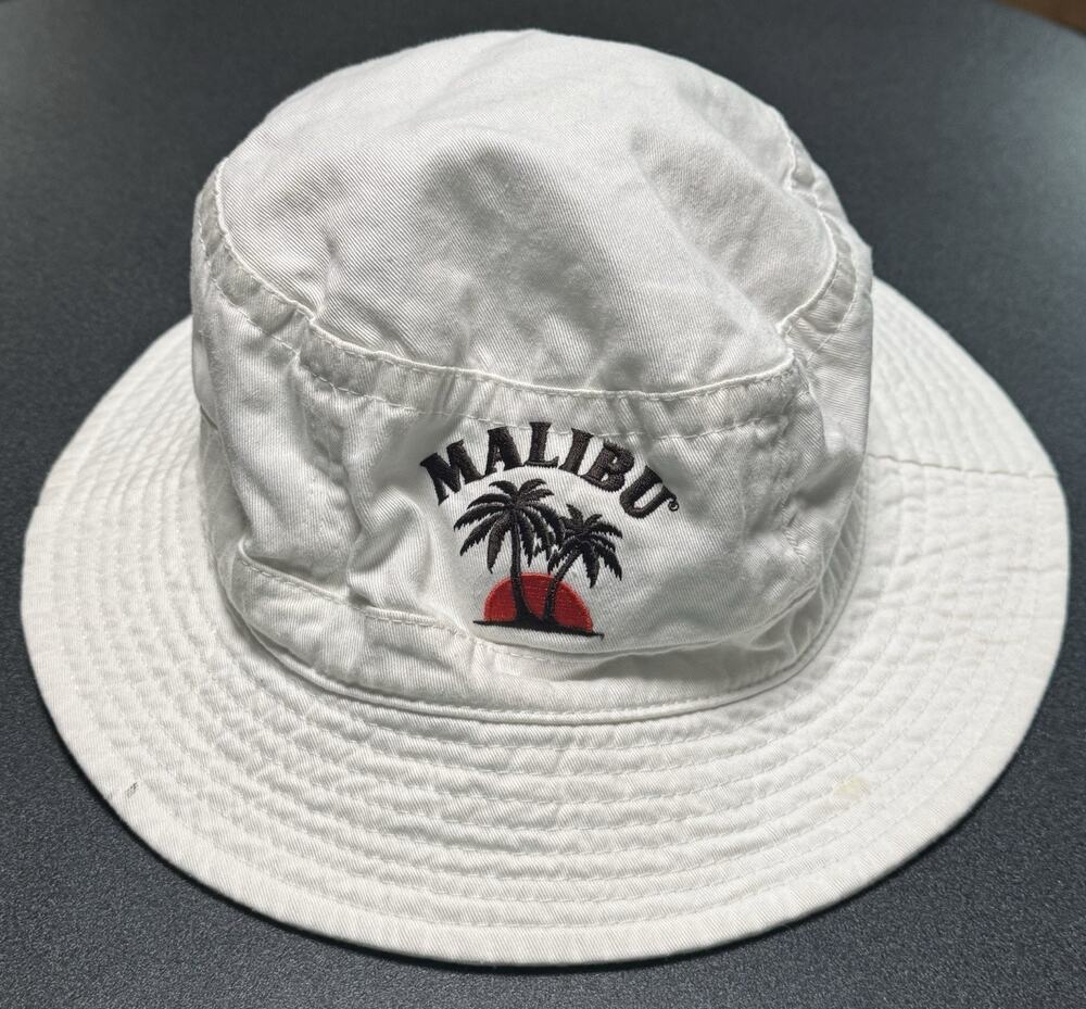Malibu White Unisex Bucket Hat L/XL Embroidered Palm Tree Sun Cotton Rum